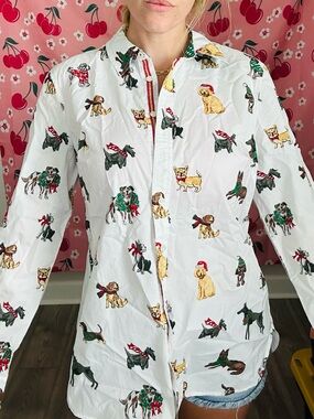 Talbots White Button-Up Shirt with Festive Dog Motif